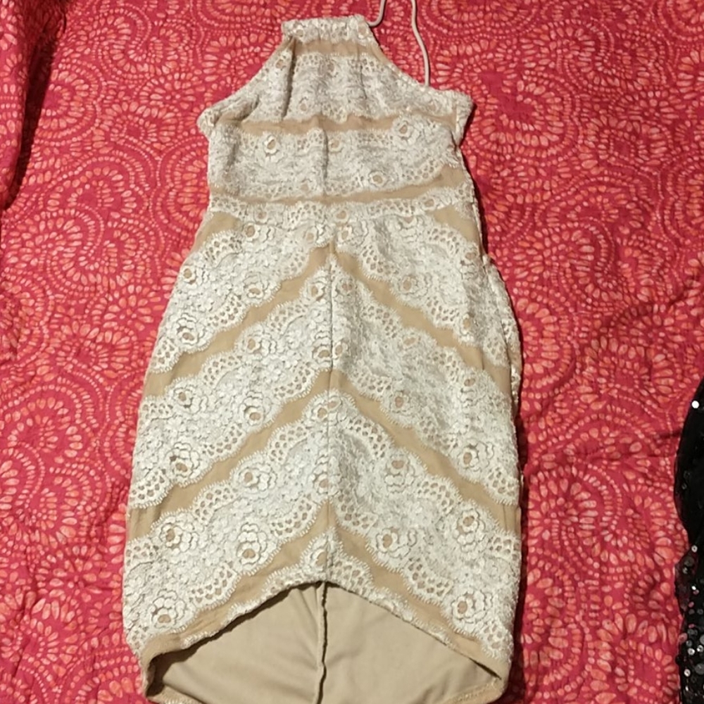 Lace halter tie, open back hi low dress